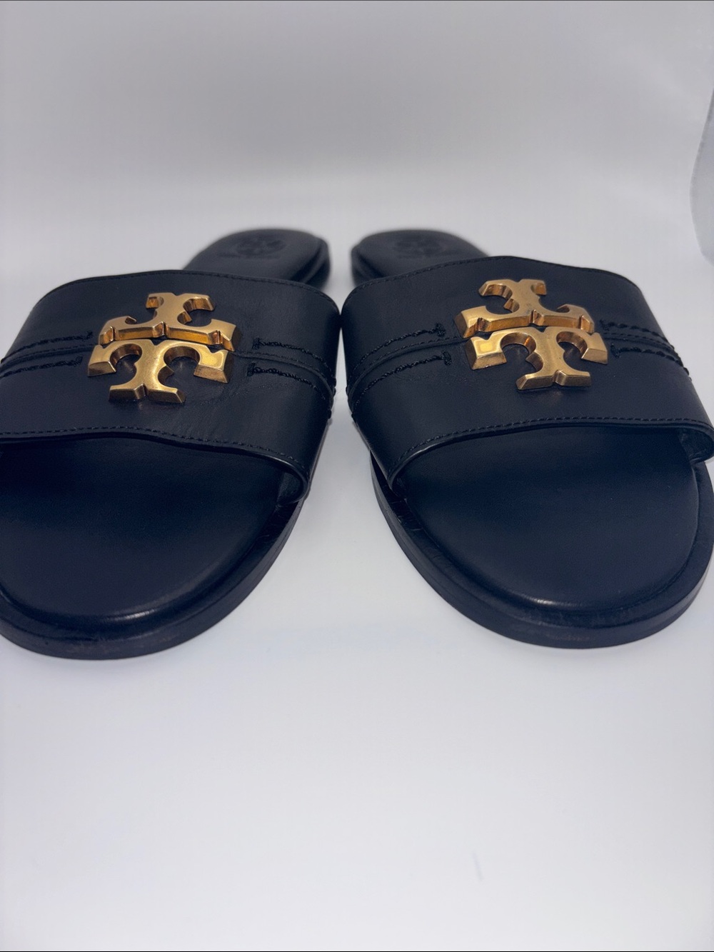 Tory Burch Black Leather Slide Sandals with Gold Logo - Picture 3 of 9